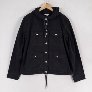 LL Bean Signature Field Jacket Womens Large Black Snap Front Hooded Utility